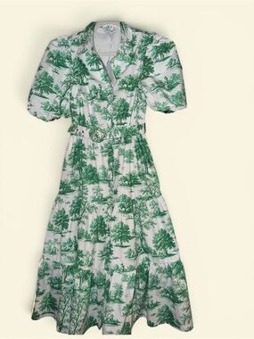 NWT Prosperina Toile Print Midi Dress Green White Belted Button Up Cottagecore